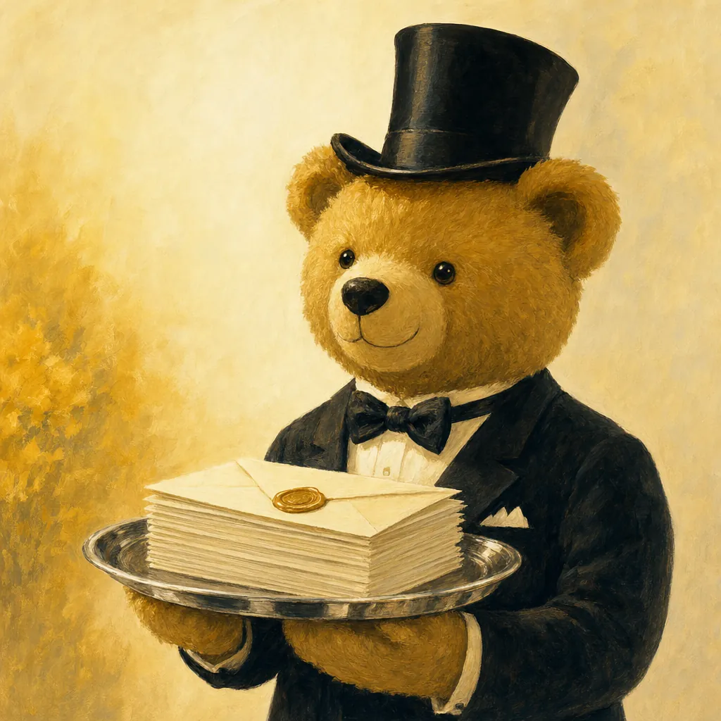 The butler bear presenting a silver tray with a sealed envelope and finished documents