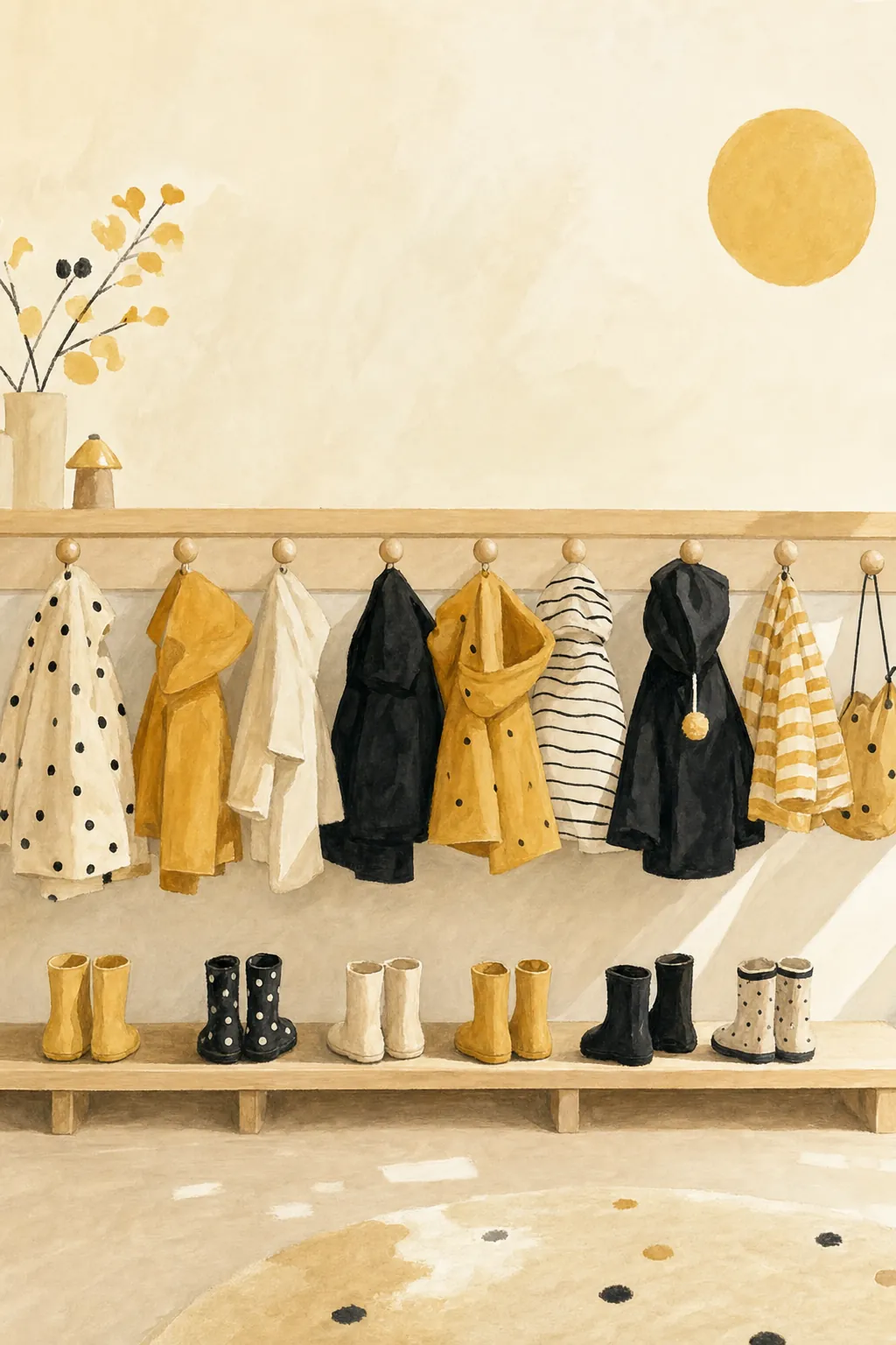 A row of children's coat hooks with tiny jackets and boots in warm morning light