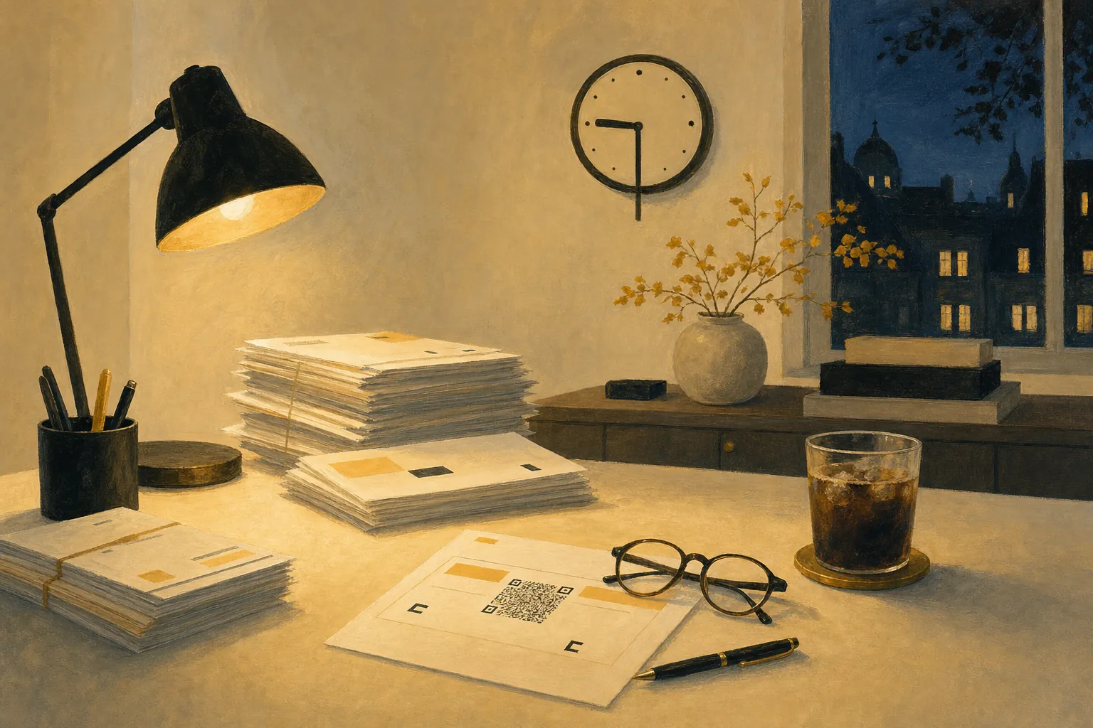 An evening desk with tidy stacks of invoices under a warm lamp, a clock showing half past nine