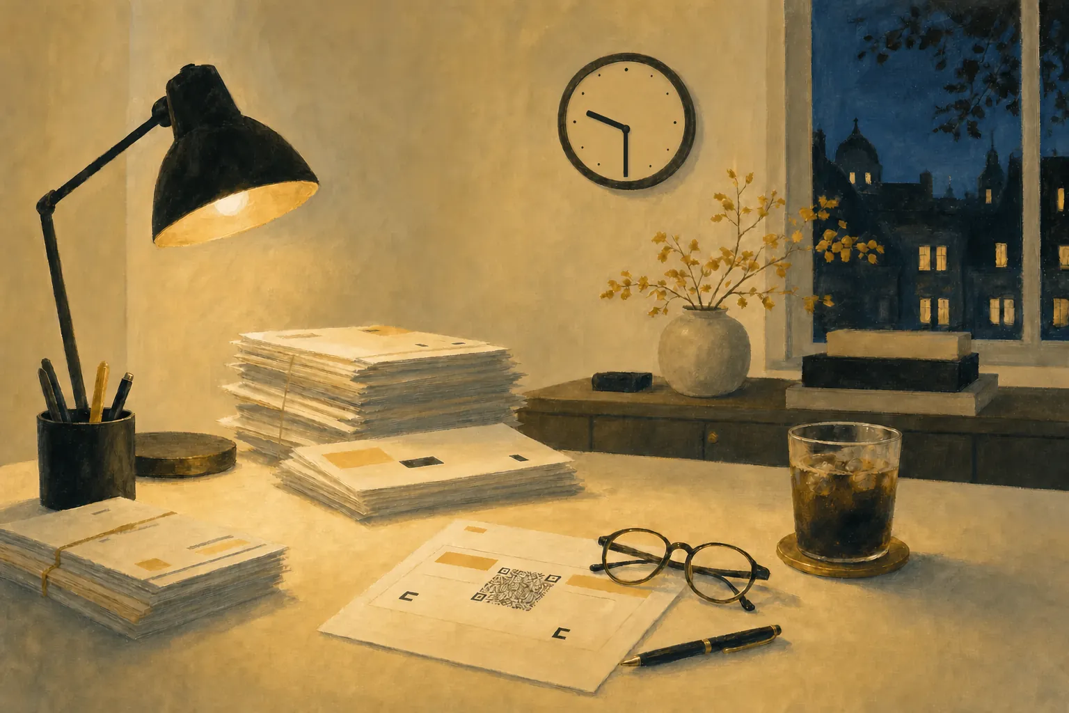 An evening desk with tidy stacks of invoices under a warm lamp, a clock showing half past nine