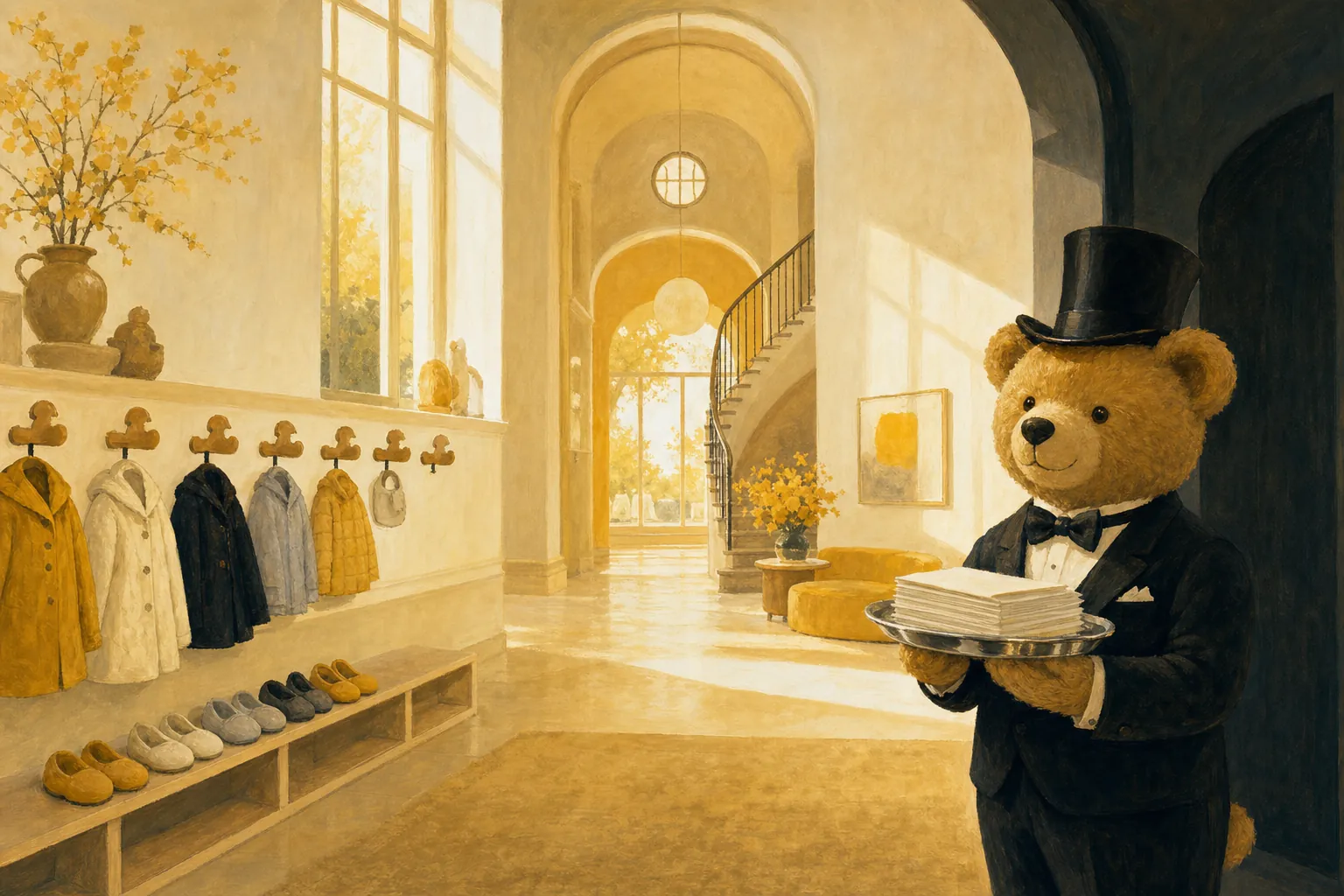 A butler bear with a silver tray of finished paperwork in the warm entrance hall of a Kita